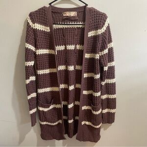 Pink Rose Women’s Small Cardigan Sweater Striped Nautical Brown Cream Cozy Fall